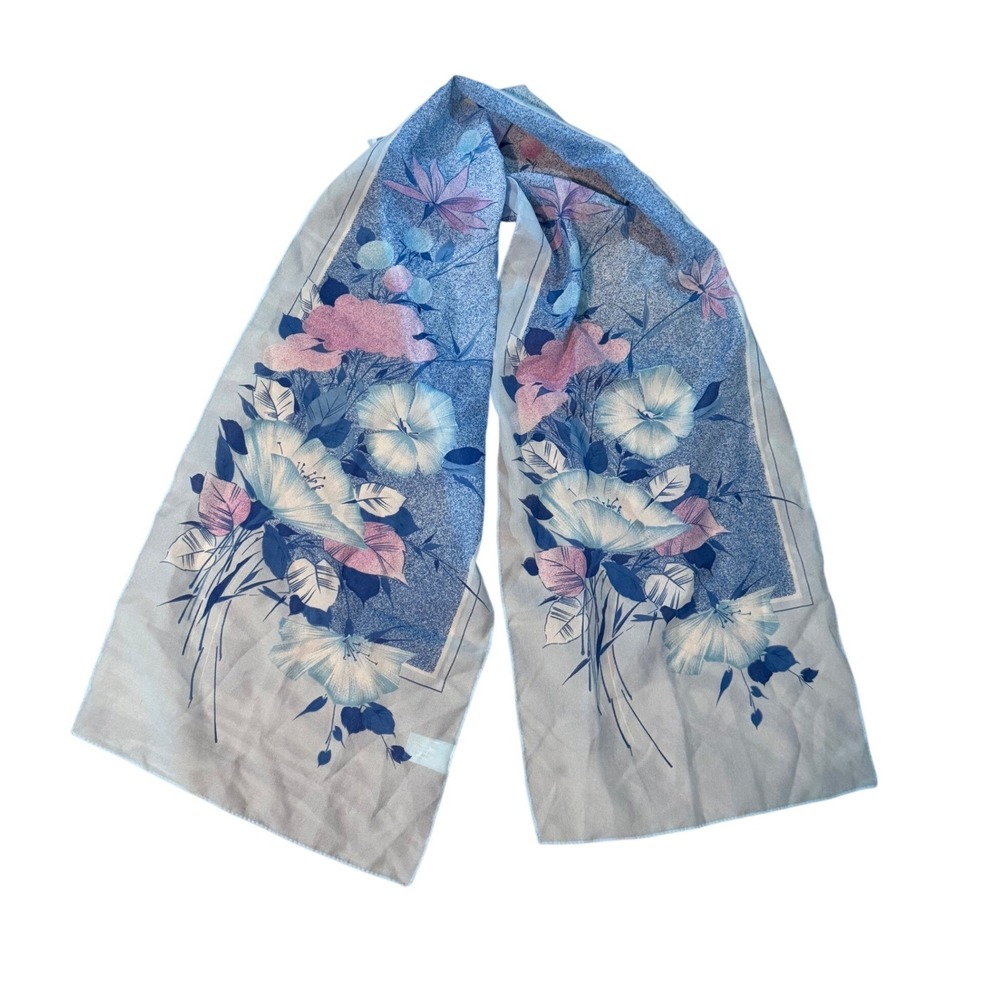 VTG Floral Scarf Silken Polyester by Birkshire Blue Pink 54x12 Cottagecore Retro